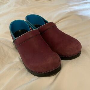 Purple and blue Sanita clogs, size 38, well worn